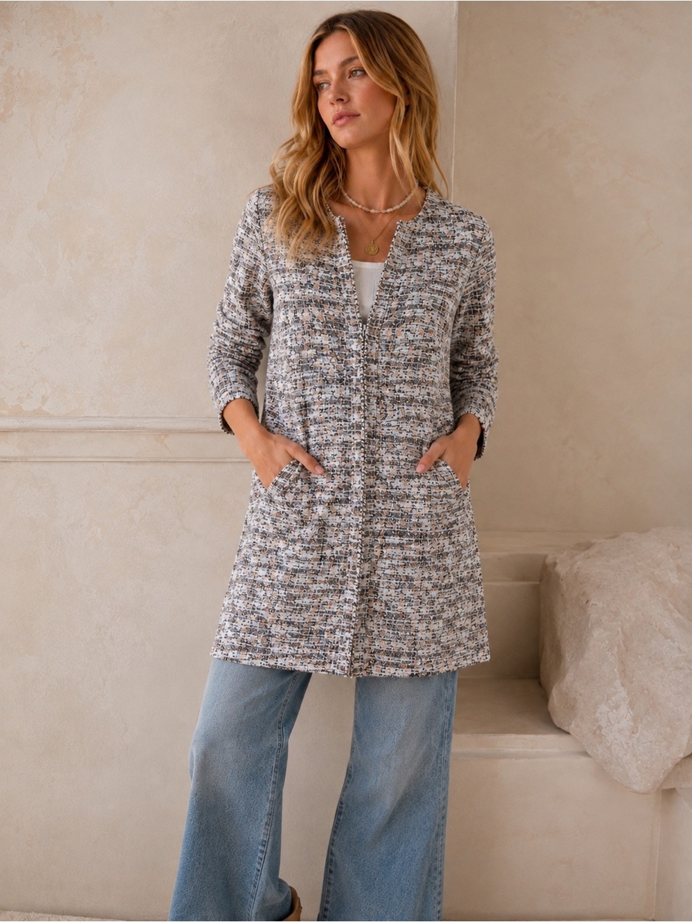 ANTHROPOLOGIE SCANDI MINIMALIST TWEED LONGLINE ZIPPER CARDIGAN POCKETS SMALL EUC
